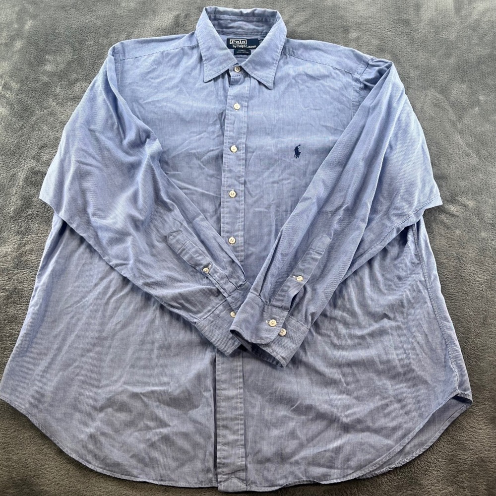 Polo Ralph Lauren Lowell Shirt Mens 16.5 34/35 Blue Micro Check Cotton Button Up